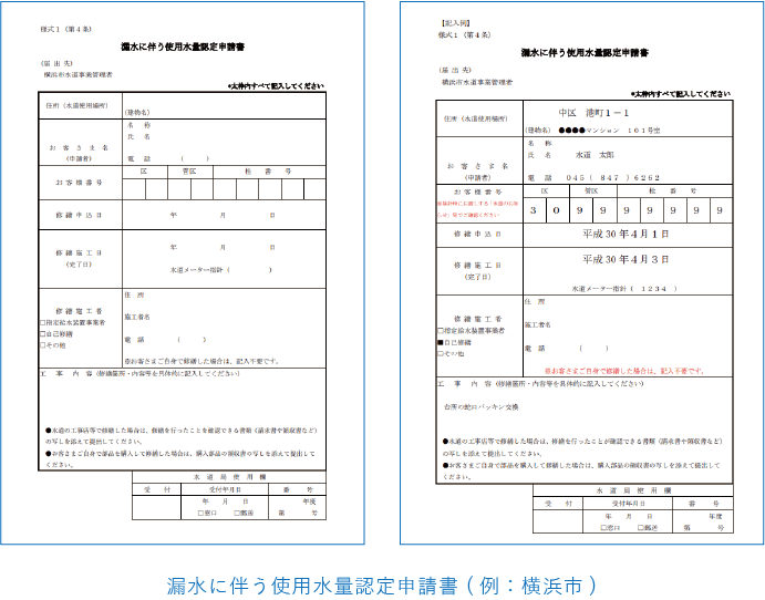 漏水に伴う使用水量認定申請書 (例：横浜市)