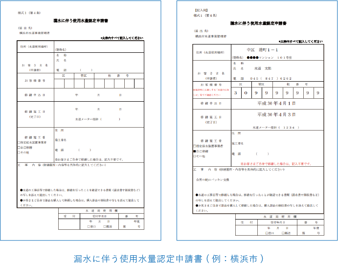 漏水に伴う使用水量認定申請書 (例：横浜市)